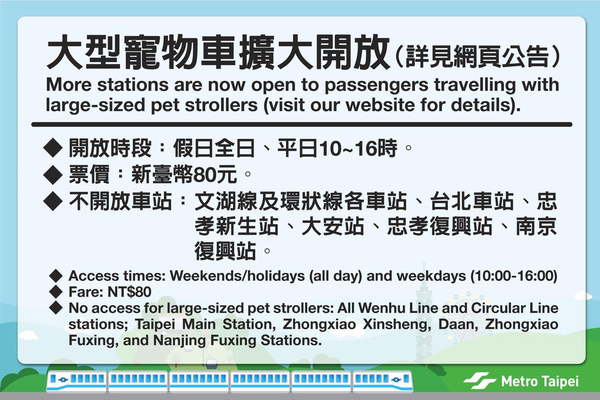 北捷開放大型寵物車進出捷運系統,時段於假日全天及平日上午10時至下午4時。(北捷提供)