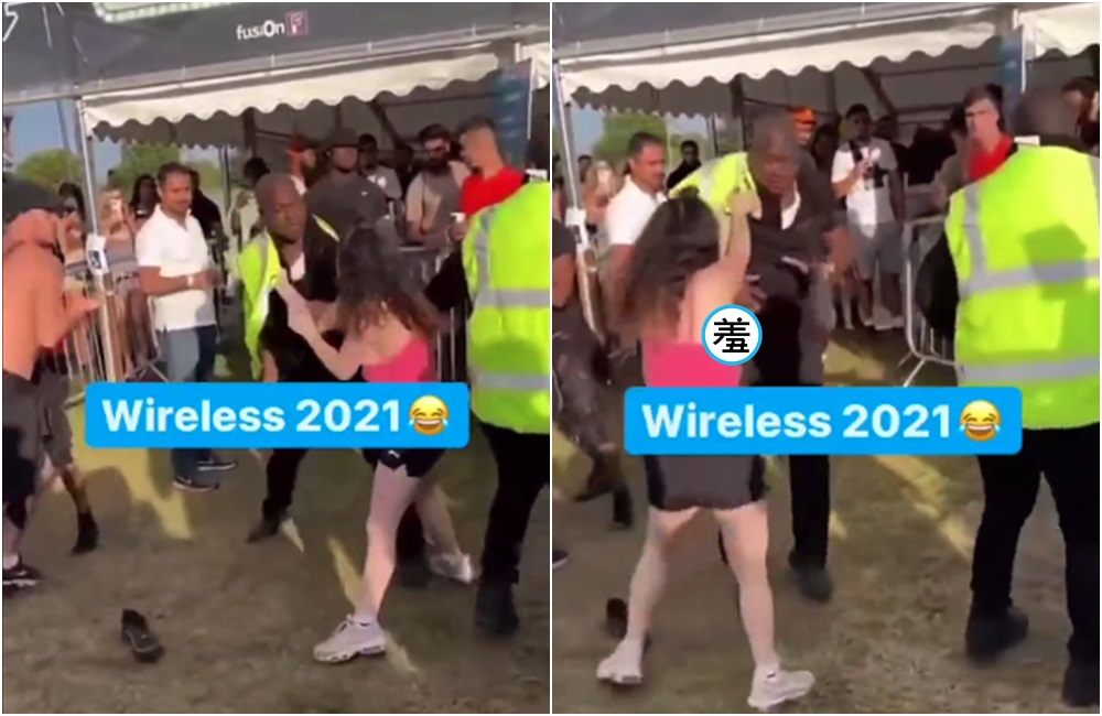 女子在音樂節中，和保全起了衝突，衣服被扯下雙峰直接外露。（翻攝推特）