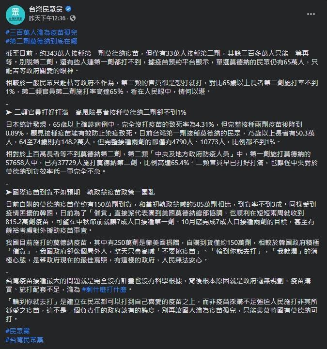 民眾黨爆料，「二類官員打好打滿，高風險長者接種莫德納二劑卻不到1%」。（翻攝自台灣民眾黨臉書）