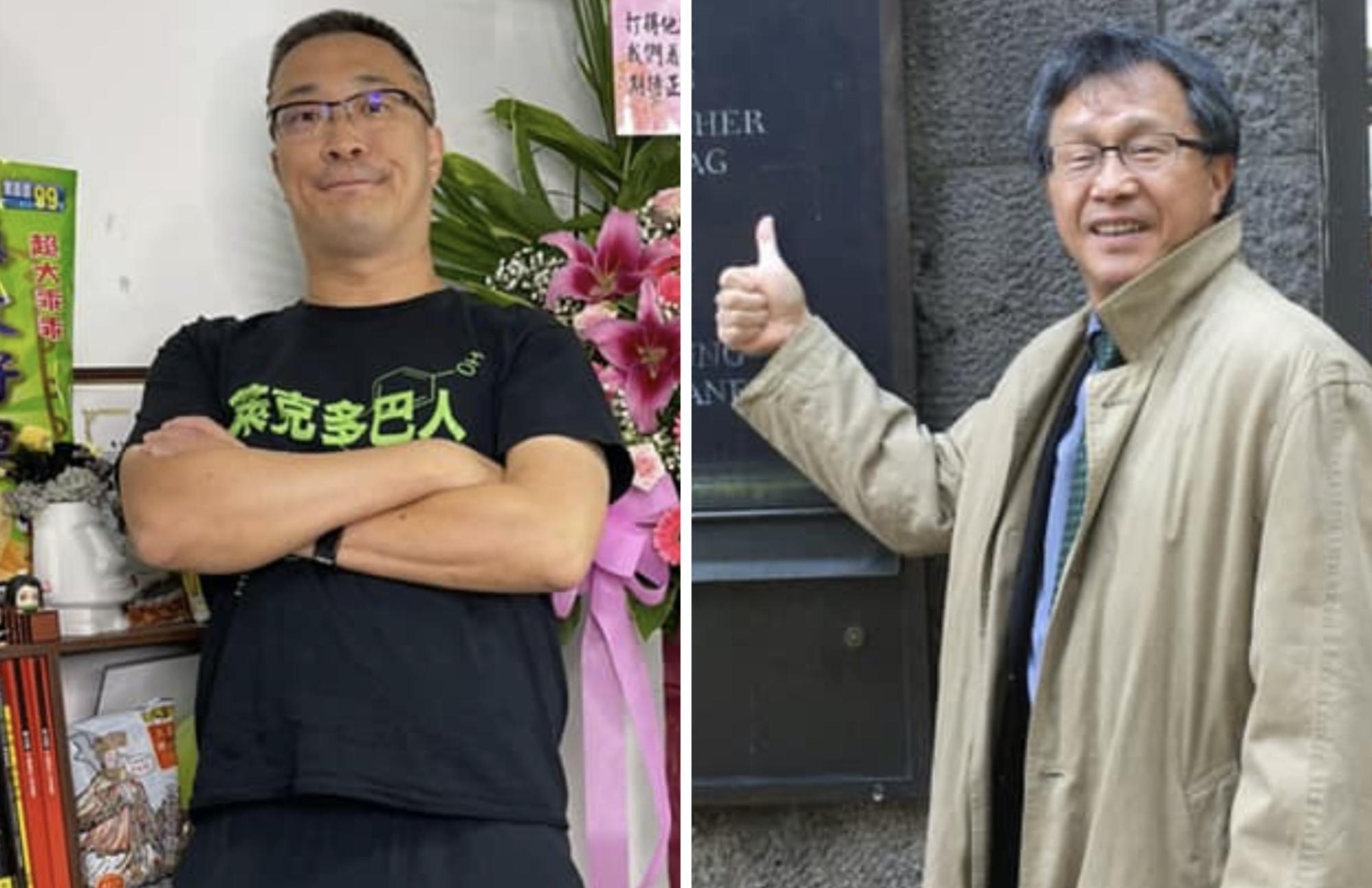 名嘴朱學恒（左）送花環至德國給謝志偉（右），對此，謝志偉也做出回應。（翻攝朱學恒、謝志偉臉書）
