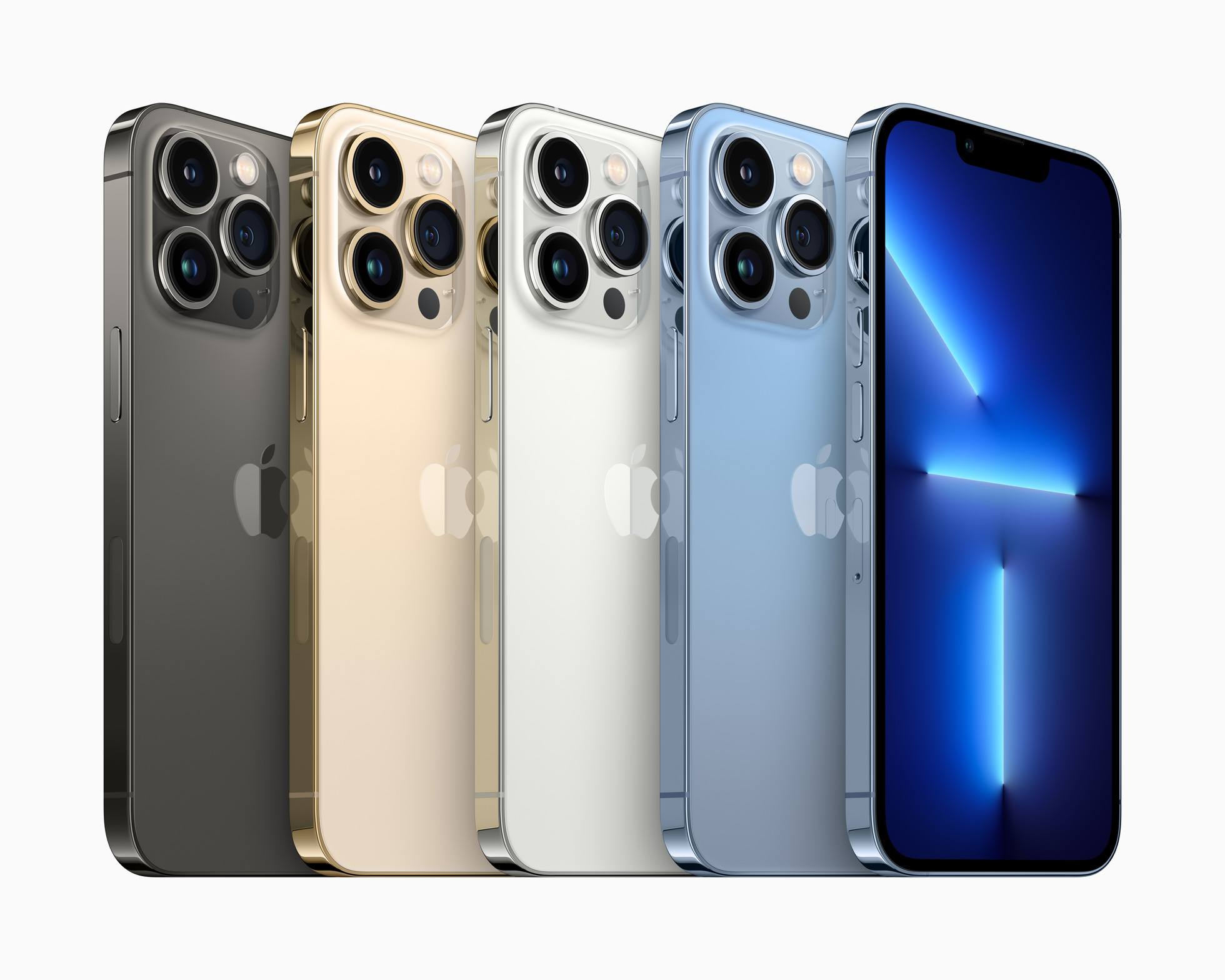 iPhone 13 Pro系列的新色為天峰藍色、iPhone 13和13 mini新色則為粉紅色。(蘋果提供)