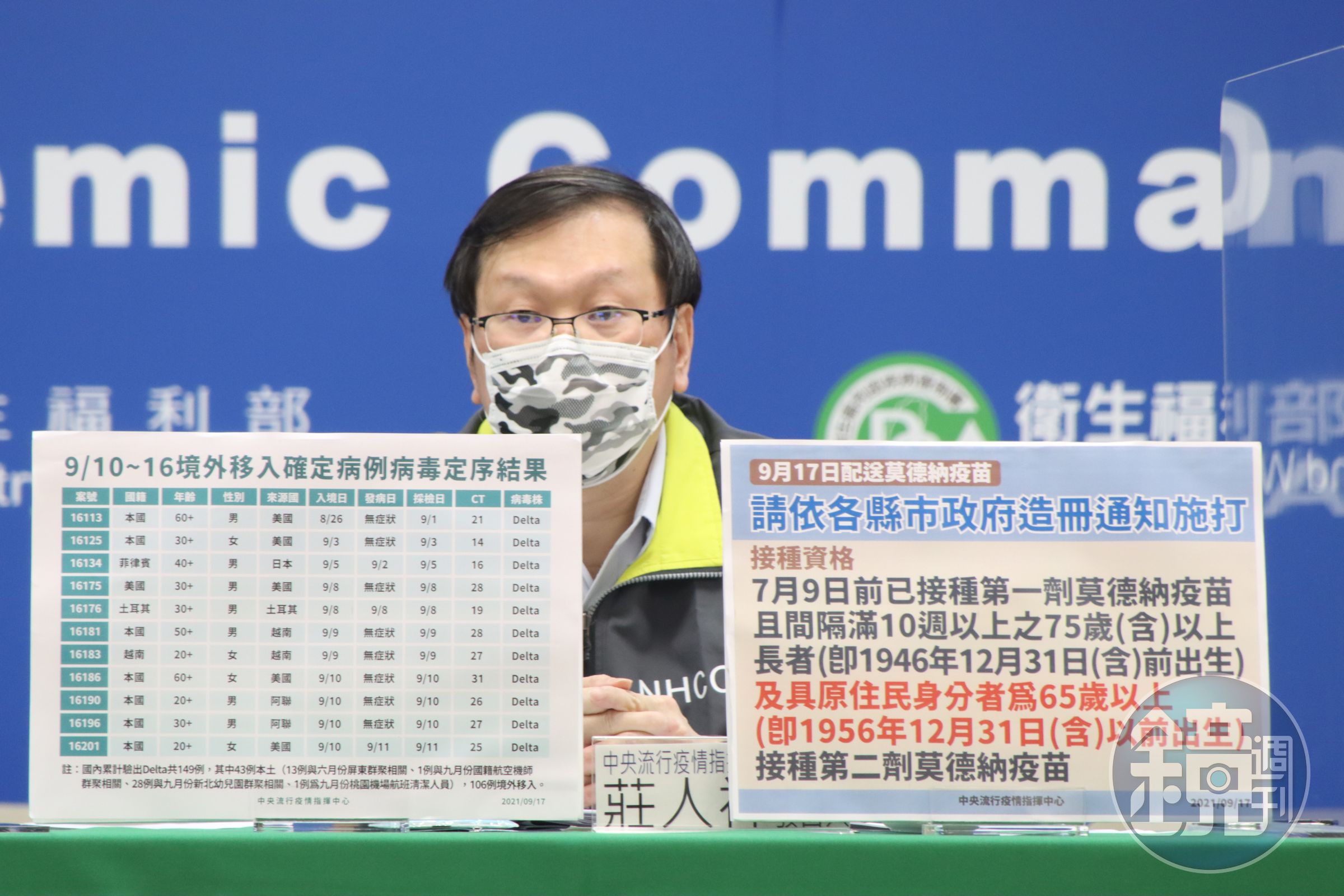 莫德納疫苗75歲以上長者施打第二劑，65歲以上原住民可接種。（指揮中心提供）