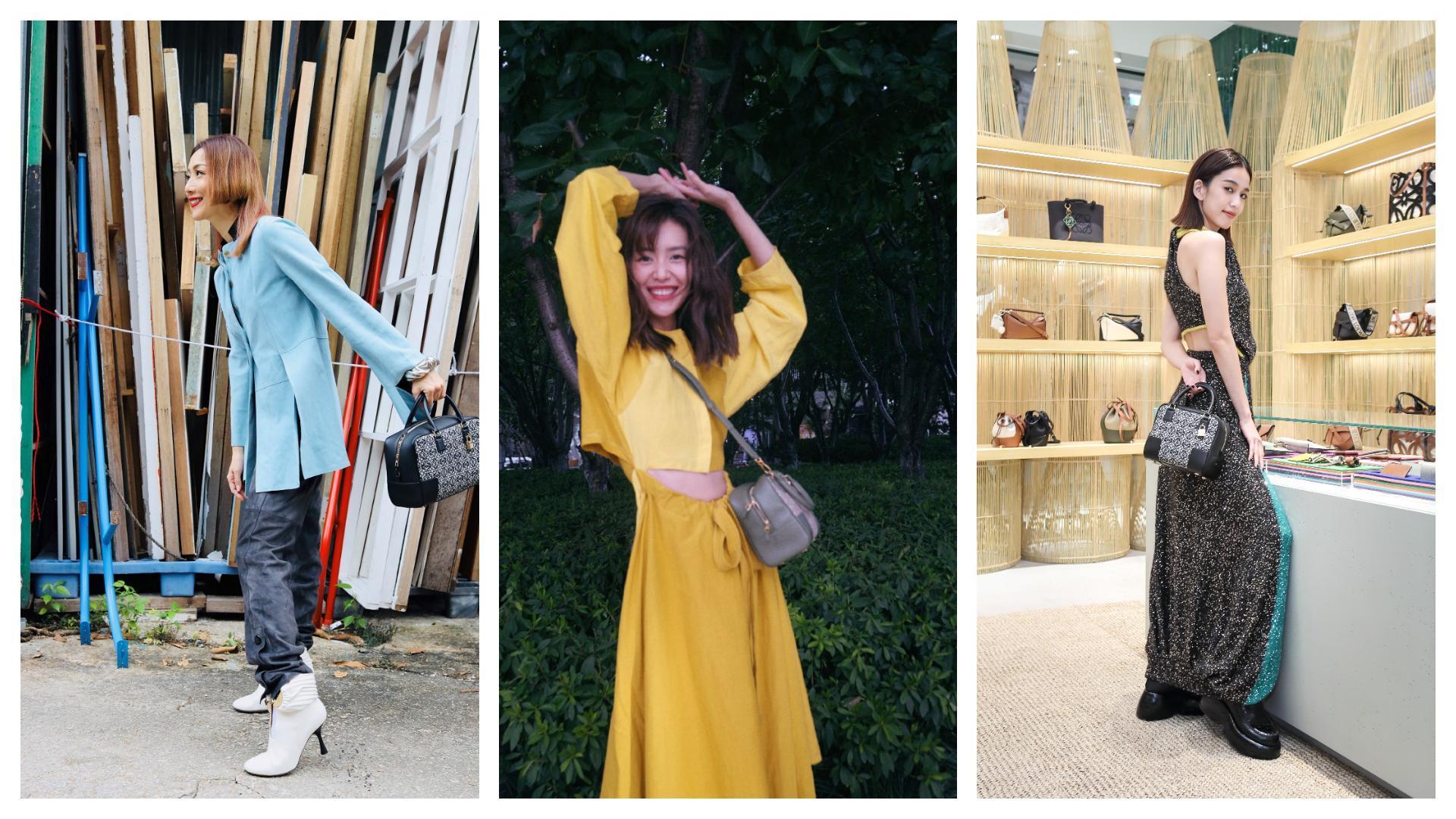 鄭秀文(左起)、劉雯、陳庭妮都搶先背上嶄新回歸的Amazona包款。(LOEWE提供)