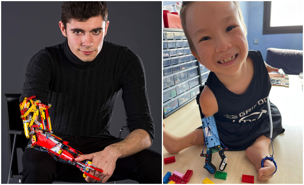 首創功能性樂高義肢的阿吉拉爾(左),近日替無臂男童量身定做樂高手臂。(翻攝自金氏世界紀錄官網)