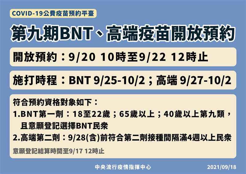 第九期新冠肺炎公費疫苗接種預約資訊。（指揮中心提供）