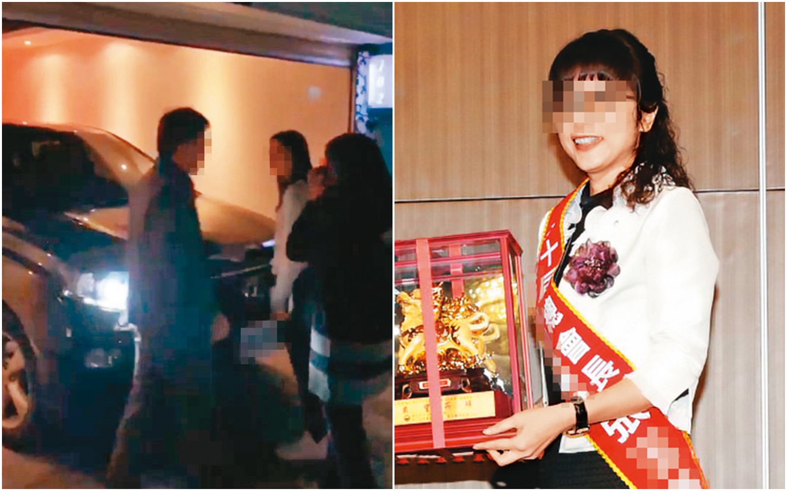 陳妻與丈夫、張女（右圖）3人在摩鐵車庫前對峙，事後陳妻即對張女提告。（翻攝臉書、讀者提供）