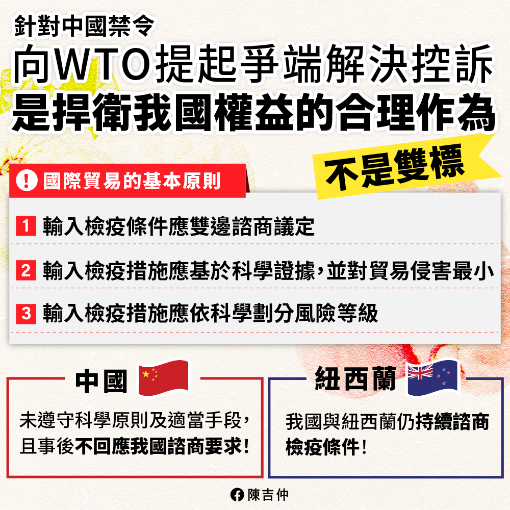 陳吉仲表示,誣指我國對中國、紐西蘭雙標,是對國際貿易實務的嚴重無知。(翻攝自陳吉仲臉書)