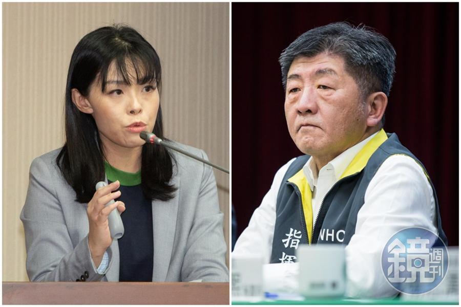 民眾黨立委高虹安(左)質疑,我國政府並未像韓國一樣積極催討疫苗,衛福部長陳時中(右)反駁,就莫德納疫苗看來,台灣的到貨率還較高。(本刊資料照)