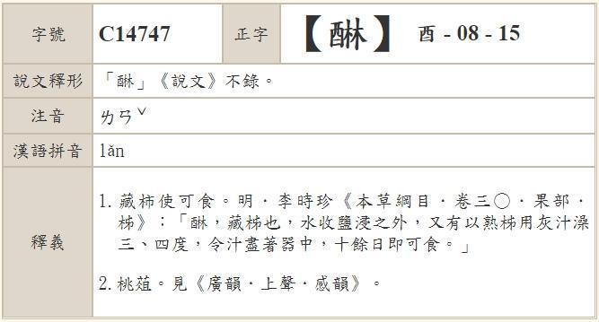 味醂的「醂」其實不念「ㄌㄧㄣˊ」而是念「ㄌㄢˇ」。(翻攝自教育部異體字辭典)