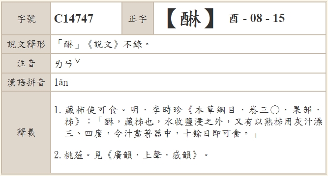 味醂的「醂」其實不念「ㄌㄧㄣˊ」而是念「ㄌㄢˇ」。（翻攝自教育部異體字辭典）