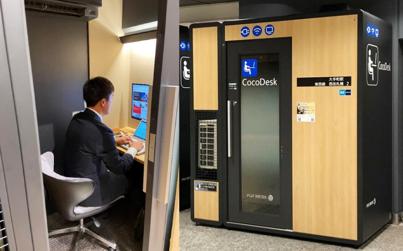 日本因應時代需求，推出移動辦公室，設置在東京許多電車站與商業區，讓上班族在外奔波或遠端辦公需另找安靜空間的族群，可方便就近工作。（翻攝自FujiFilm官網）