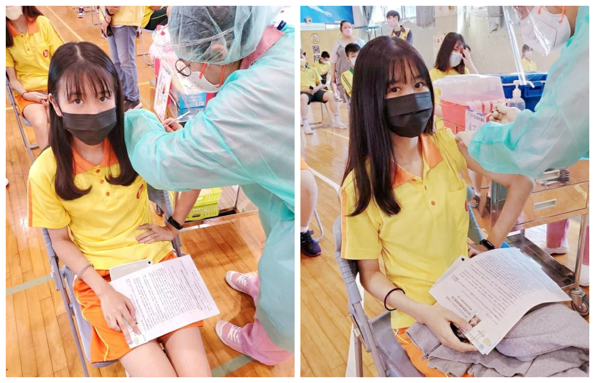 樂樂和媃媃昨在學校接種BNT疫苗。(翻攝雙胞胎樂樂媃媃臉書)