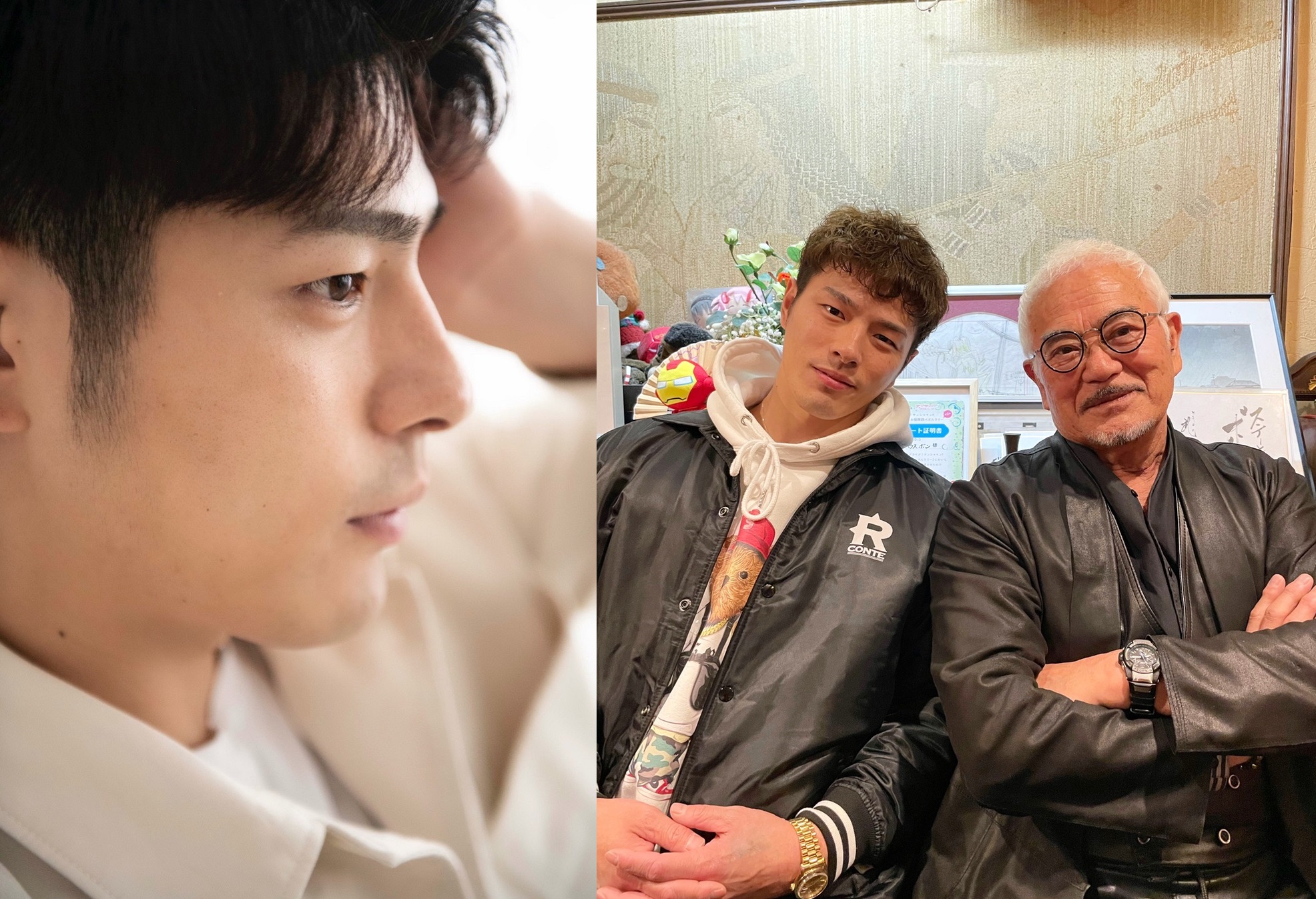 湊祥希(左圖)在20歲時成為千葉真一(右圖右)的弟子,跟著千葉學習動作演員的技巧和身手。(蜜蜂工房提供)
