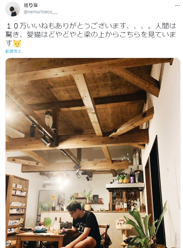 原PO在貼文超過10萬推讚時就感到驚訝,並表示人類被嚇到了,但貓咪還趴在天花板的梁柱上淡定俯視。(圖片翻攝推特@nemurineco___)