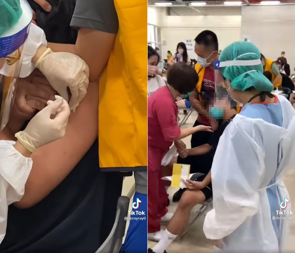 在眾人幫忙安撫下，男同學才總算完成接種。（翻攝自TikTok）