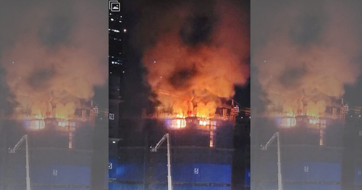 台北市信義區的「六張犁社宅」基地竄出火苗和濃煙，火勢一發不可收拾。（翻攝「信義區三兩事」臉書社團）