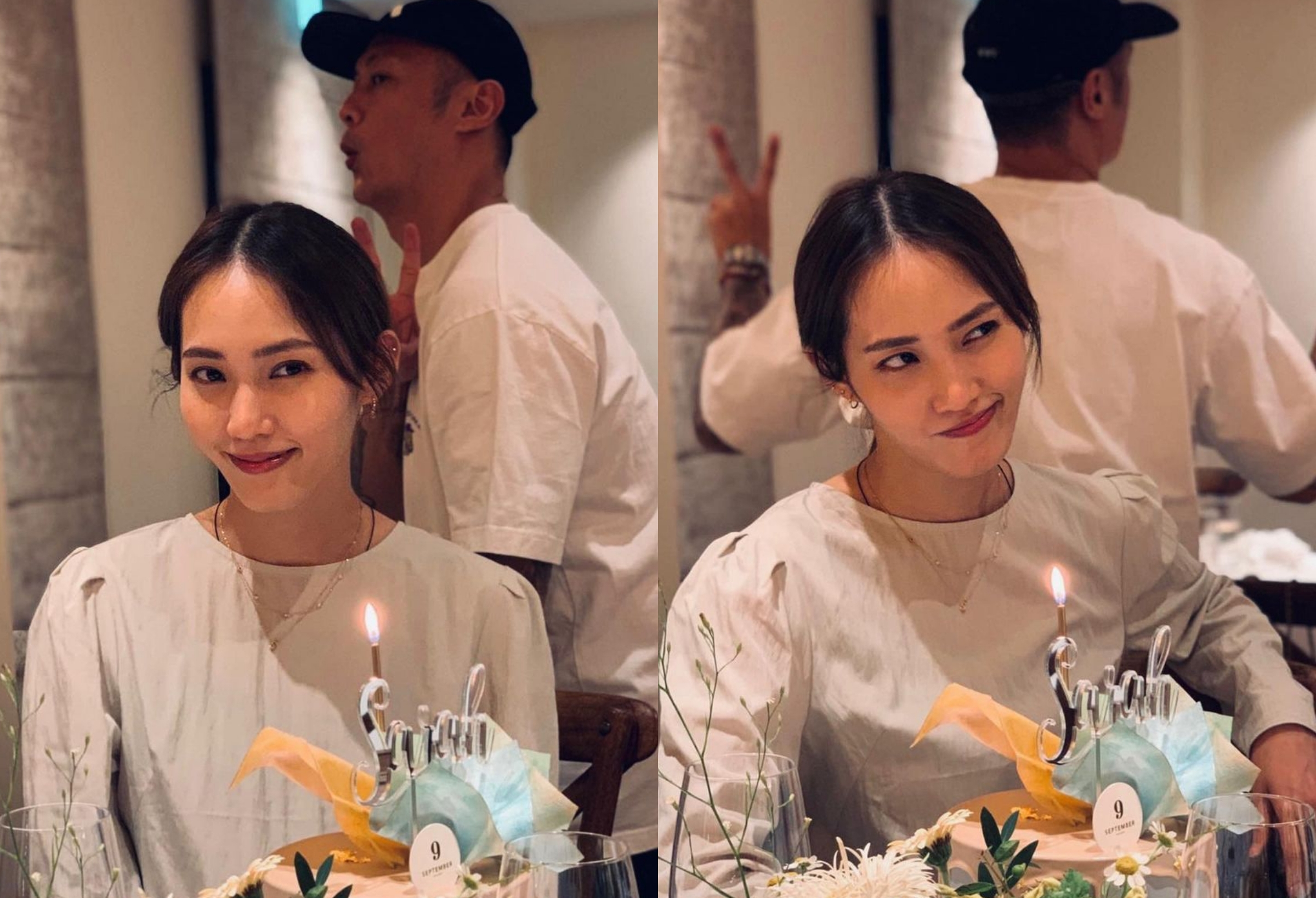 余文樂愛妻王棠云生日，她美美地坐在蛋糕前拍美照，余文樂卻偏在身後搞破壞，老婆又好氣又好笑。（翻攝自余文樂IG）