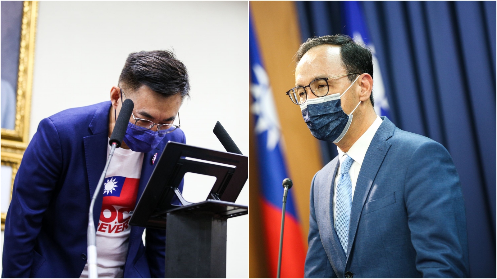 江啟臣（左）宣布敗選，並恭賀朱立倫（左）當選國民黨黨主席。