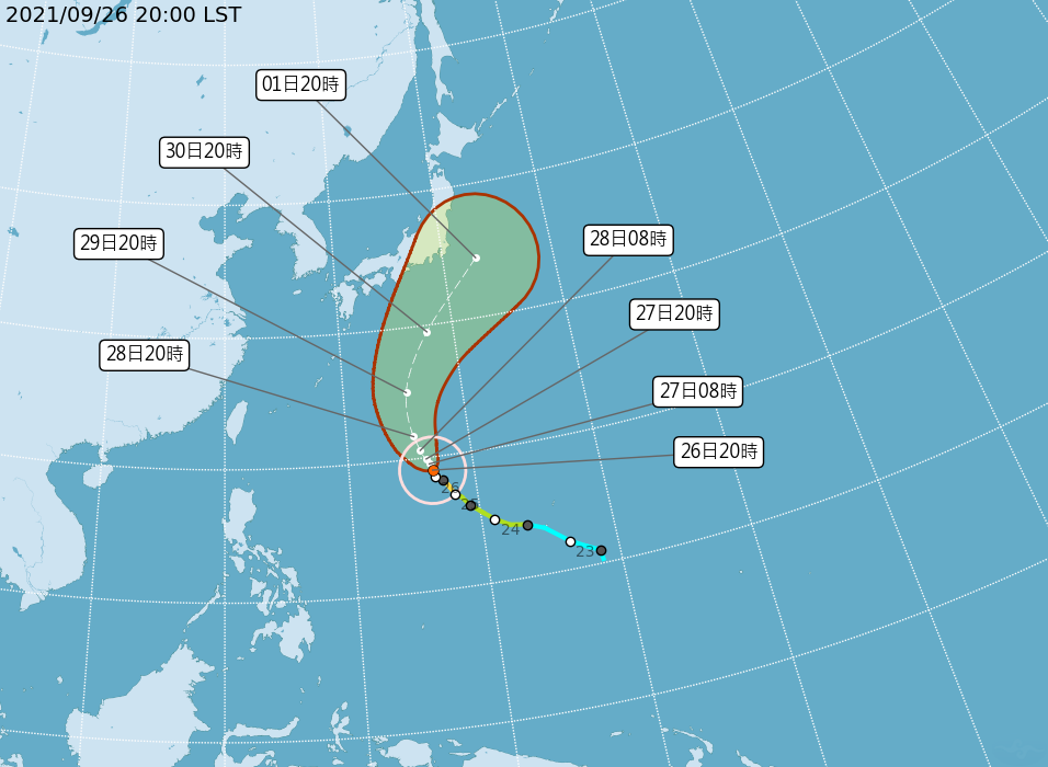 強烈颱風「蒲公英」則是持續往日本前進,對台灣的天氣並無影響。(中央氣象局提供)