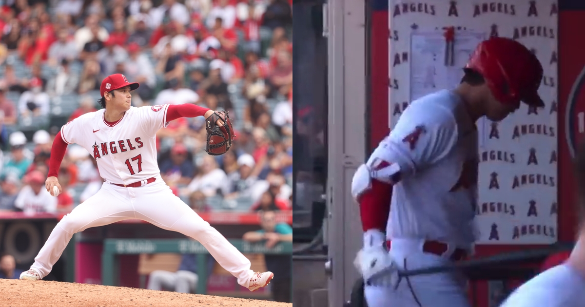 大谷翔平今日再度挑戰高懸103年的紀錄失利，在休息區怒敲球棒。（翻攝自推特）