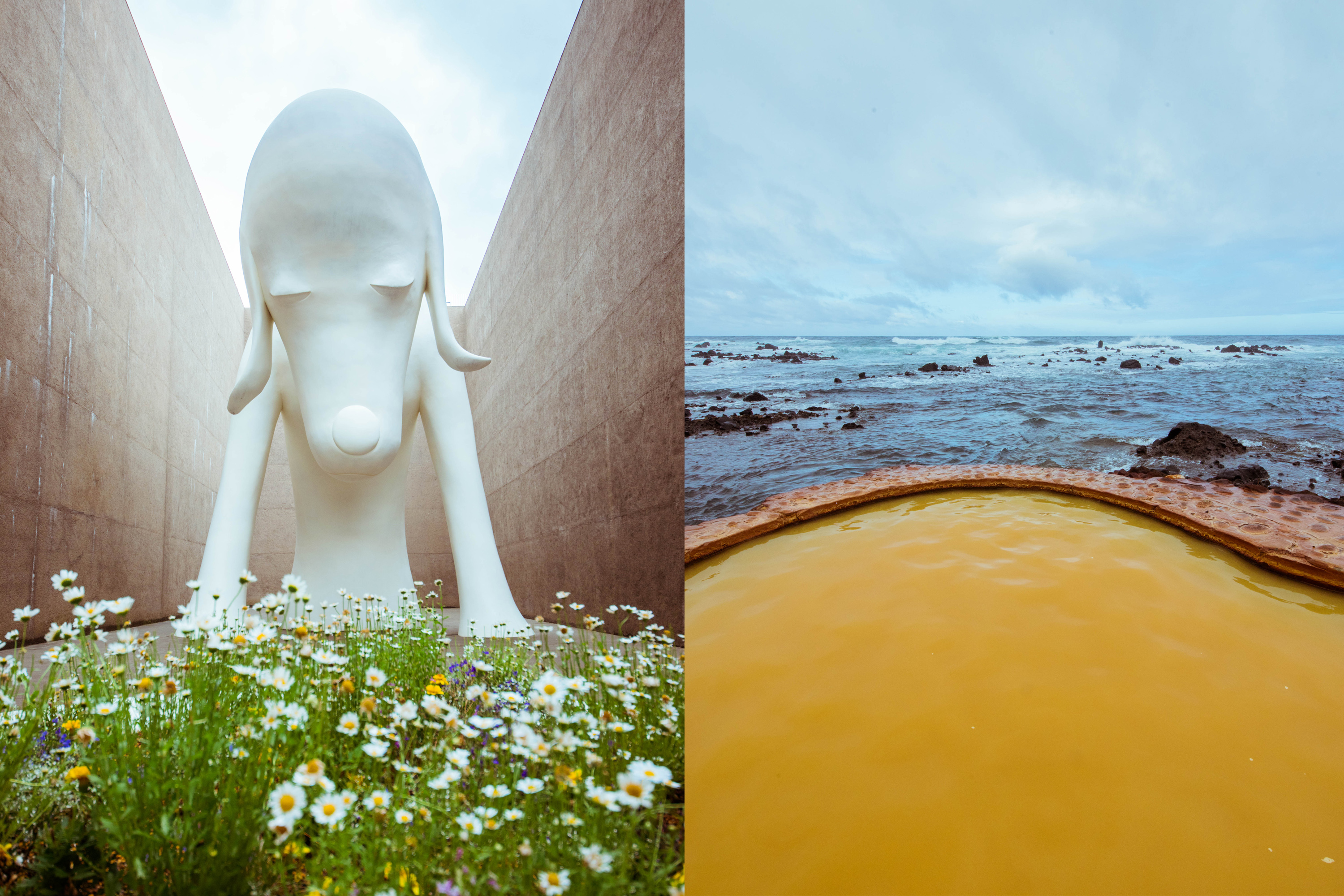 疫情過後，想要來一趟青森療癒之旅，白天可以逛美術館，尋找當代藝術家奈良美智所做的白色大型青森犬雕塑，傍晚則能在座落日本海岸旁的黃金崎不老不死溫泉，享受海天一色的泡湯風光。（日本觀光局JNTO提供）