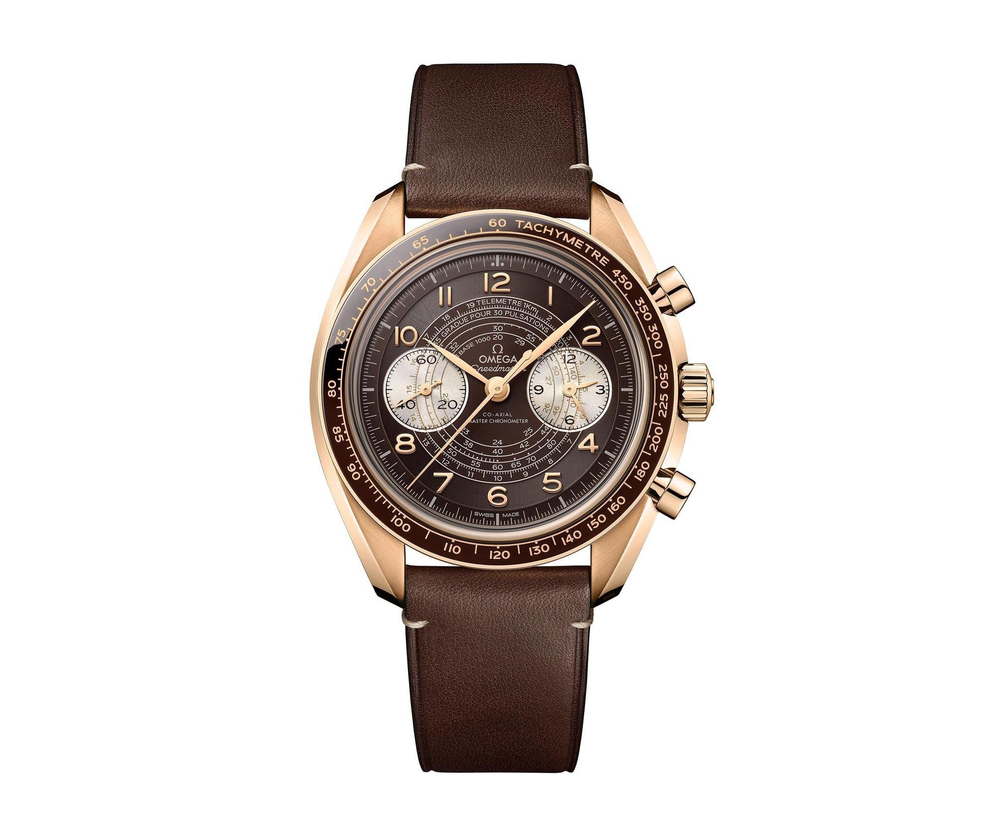 Speedmaster Chronoscope腕錶，青銅金材質配皮錶帶，建議售價NT$460,000