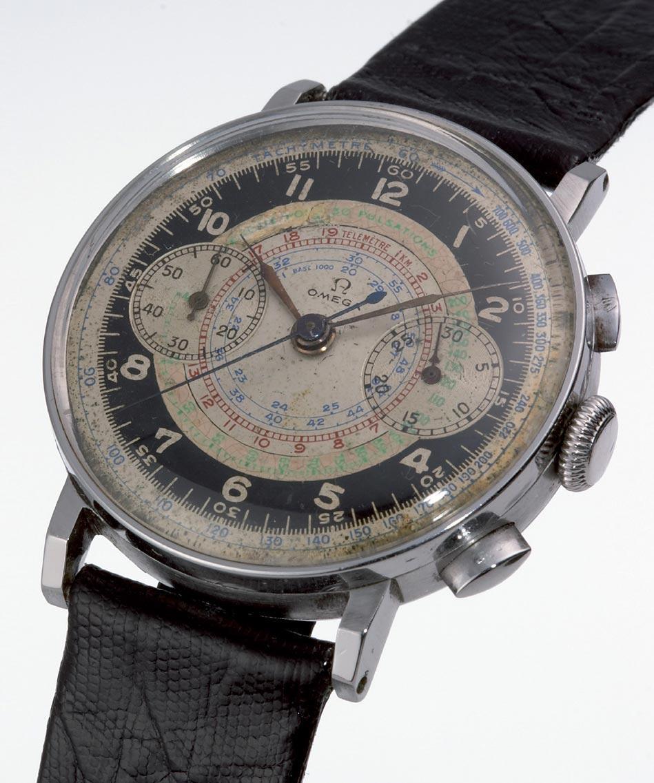 Speedmaster Chronoscope腕錶以1940年一支古董計時碼錶為靈感，包括雙眼計時盤與蝸形刻度都是取自當年的設計。