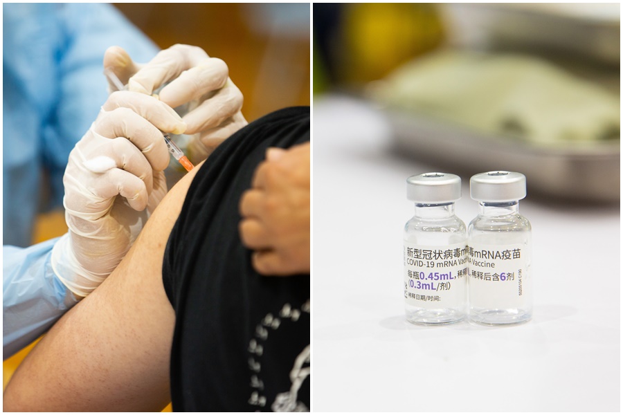 BNT疫苗每瓶含0.45ml冷凍濃縮液，必須使用1.8ml無菌生理食鹽水注射液稀釋，示意圖。（資料照）