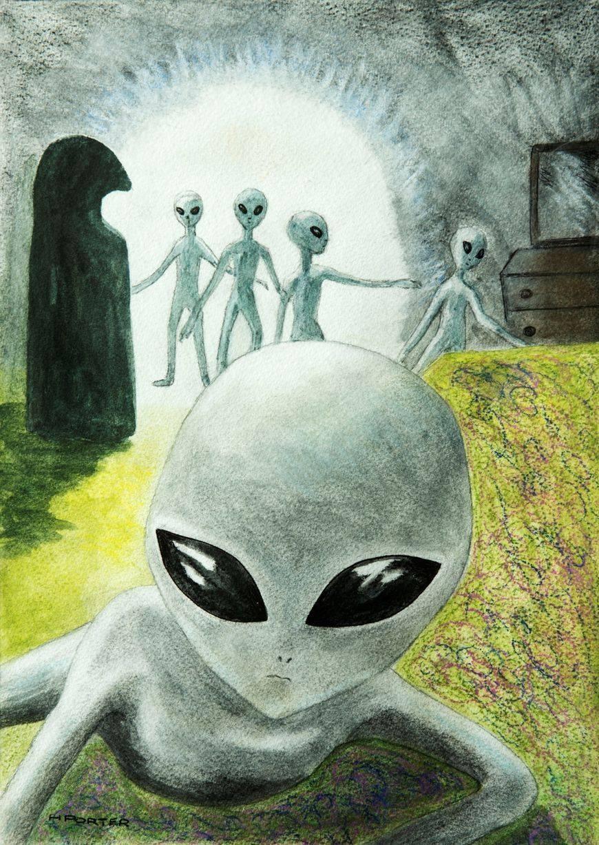 希拉蕊憑回憶繪製的外星人侵略場景圖。(翻攝Swansea UFO Network臉書)