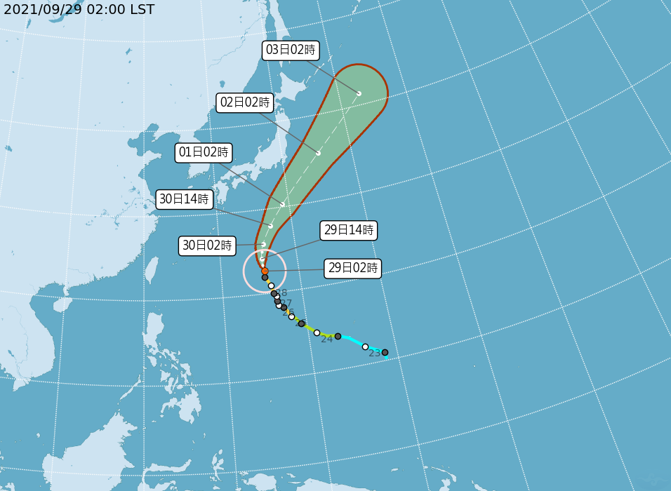 颱風蒲公英未來預估將持續朝北轉北北東,往日本南方海面移動,對台灣無直接影響,預計登陸日本的機會也不高。(中央氣象局提供)