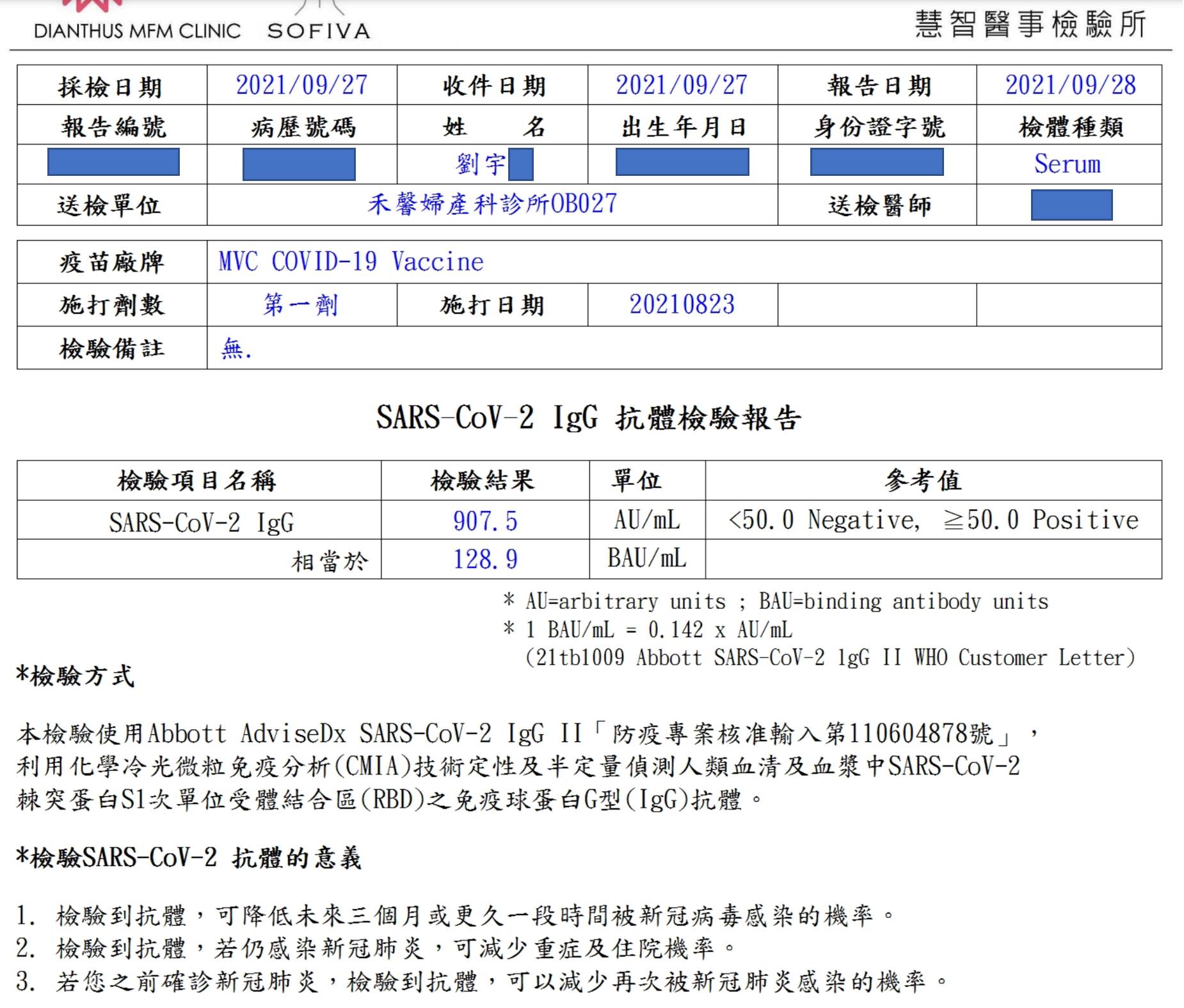「四叉貓」劉宇接種高端疫苗第35天後,檢驗IgG抗體數值飆高至907.5 AU/mL。(翻攝自劉宇臉書)
