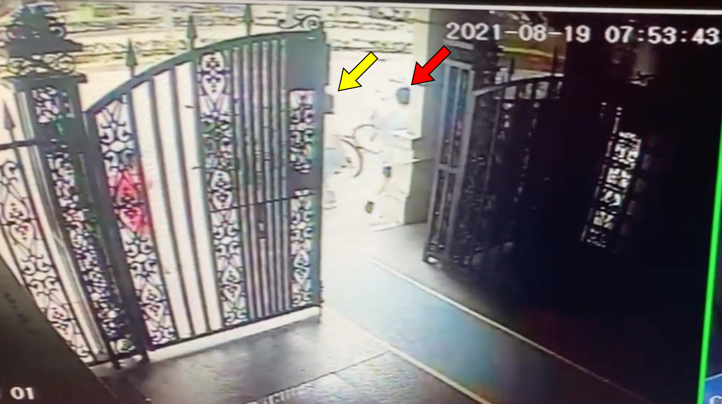 民航局接獲申訴的監視器畫面顯示，華航林姓副機師（紅箭頭者）居家檢疫期間帶空姐（黃箭頭者）回家留宿。（讀者提供）