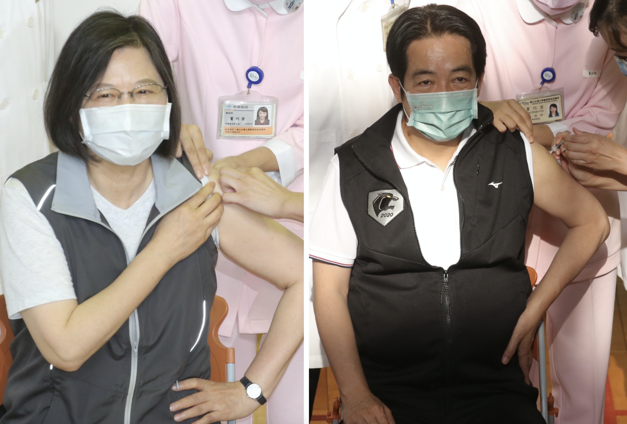 總統蔡英文、副總統賴清德今（30）日分別於上午7點15分和7點45分至台大醫學院體育館進行第二劑高端疫苗接種。