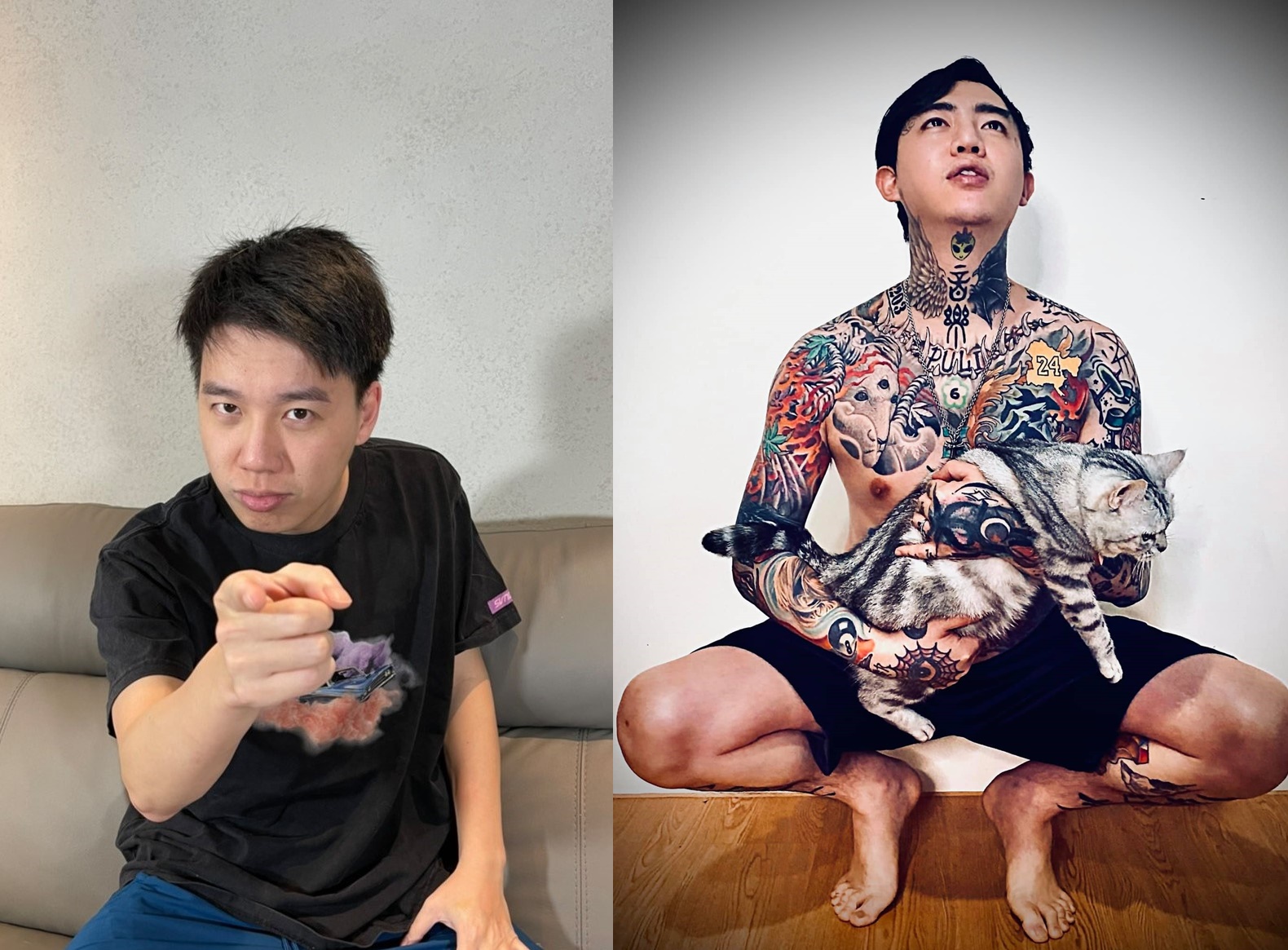 Toyz（左）昨晚間被爆出販毒，對此，藝人謝和弦（右）更多次在臉書向他喊話，並說會將Toyz當成自己人。（左圖翻攝自Toyz臉書，右圖翻攝自謝和弦臉書）