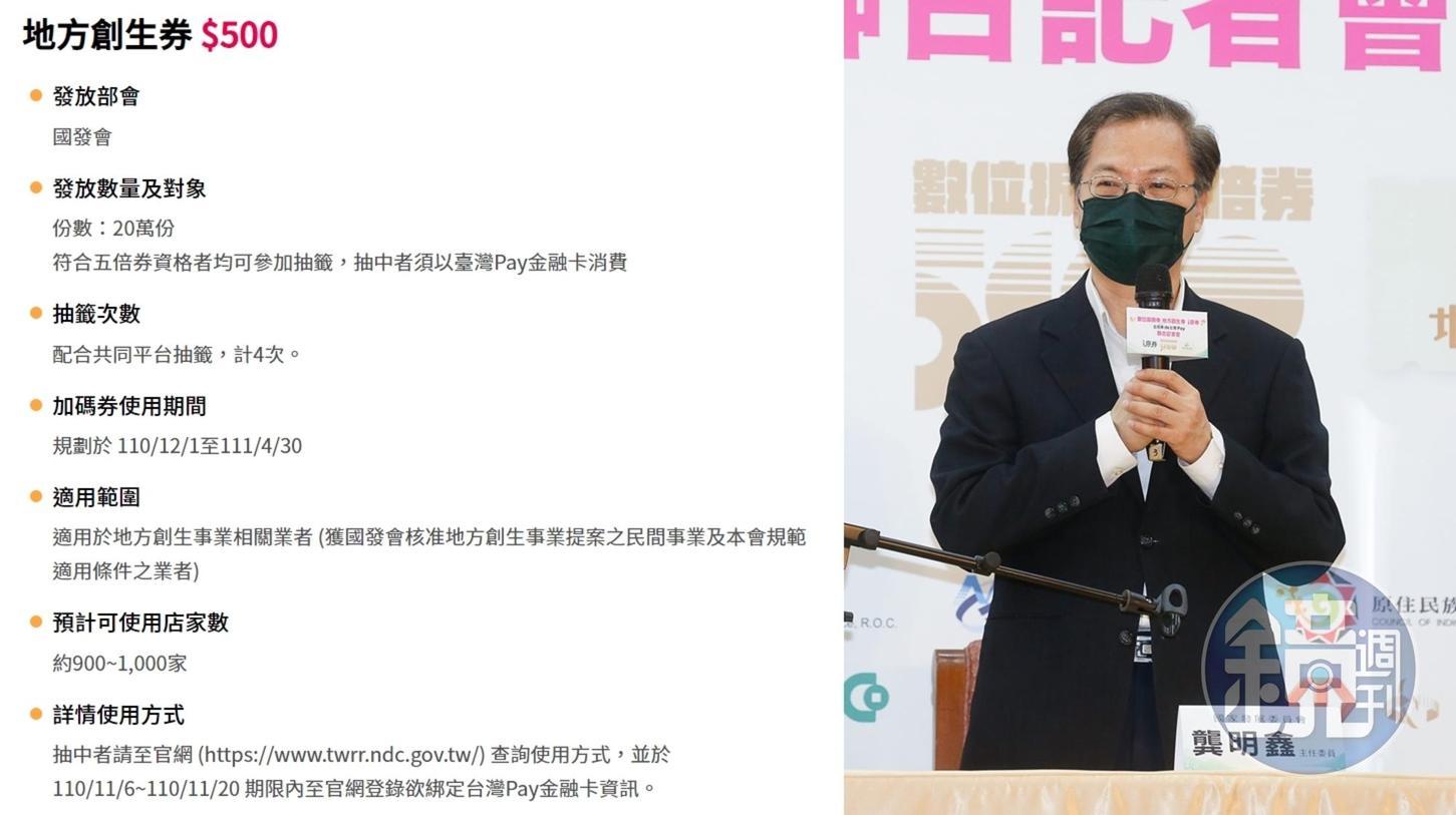 針對五倍券的國發會加碼券「地方創生券」,主委龔明鑫表示目前已有500多家店可使用。(翻攝自五倍券官網、本刊資料照)