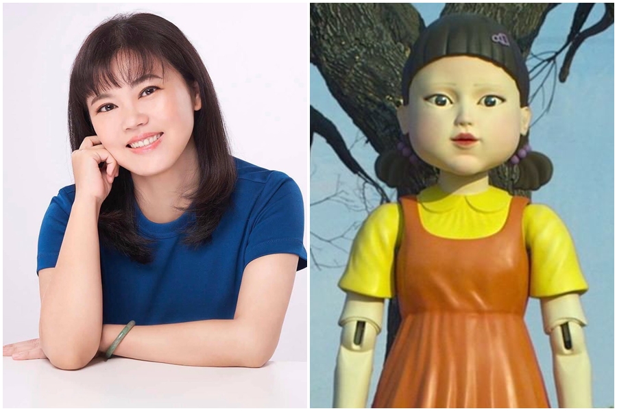 有網友發現台北市議員游淑慧撞臉《魷魚遊戲》劇中第一關「123木頭人」的詭異娃娃。（翻攝自游淑慧臉書、IG @netflixkr）