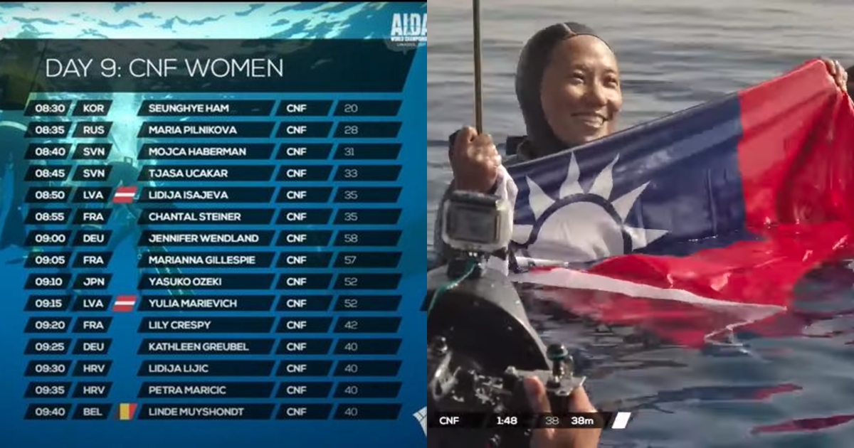 台灣選手侯一明（右）比賽時，轉播畫面的國旗遭無預警撤下，多國「撤國旗」力挺台灣。（翻攝自AIDA Taiwan臉書、AIDA Freediving YouTube）