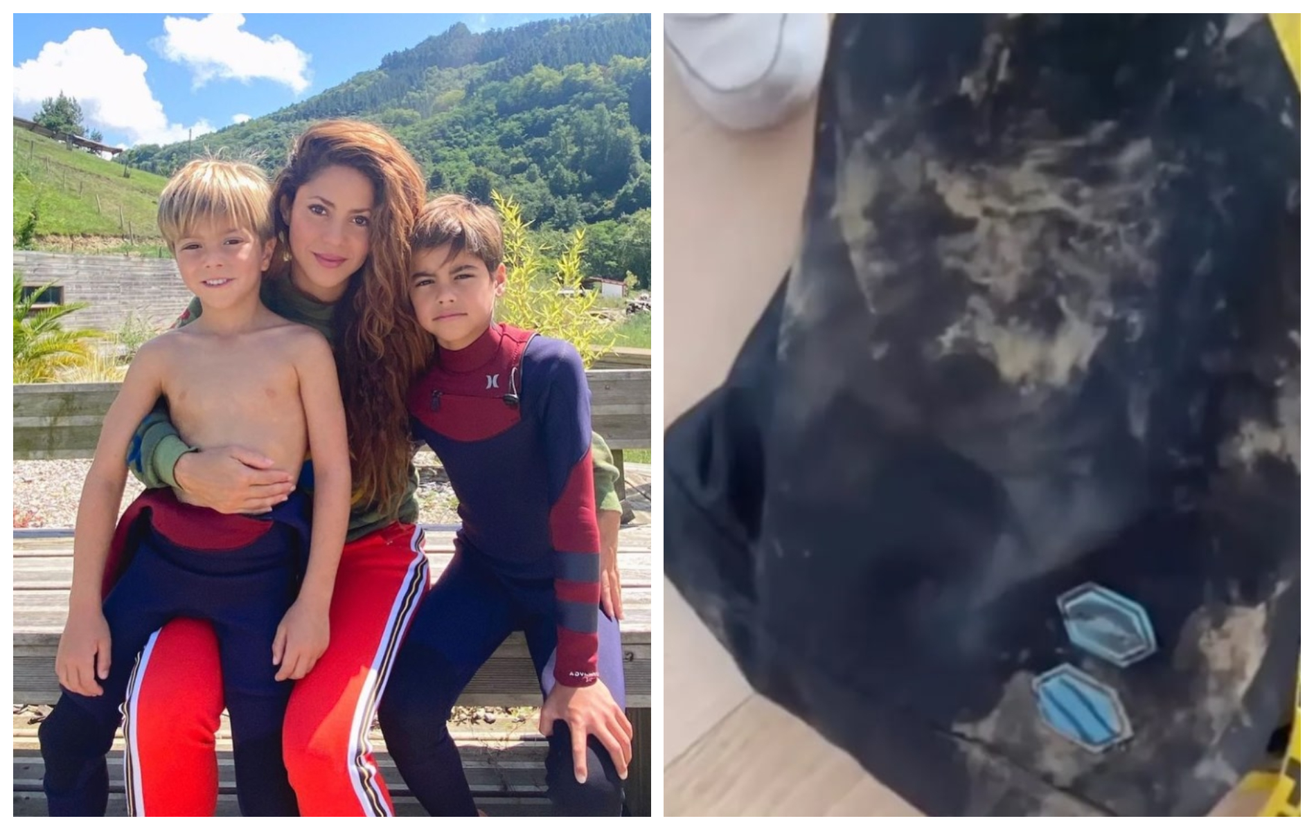 夏奇拉與足球男友杰拉德皮克育有2子（左圖），日前帶8歲米蘭逛公園時慘遭野豬襲擊，包包被咬得稀巴爛。（翻攝Shakira IG）