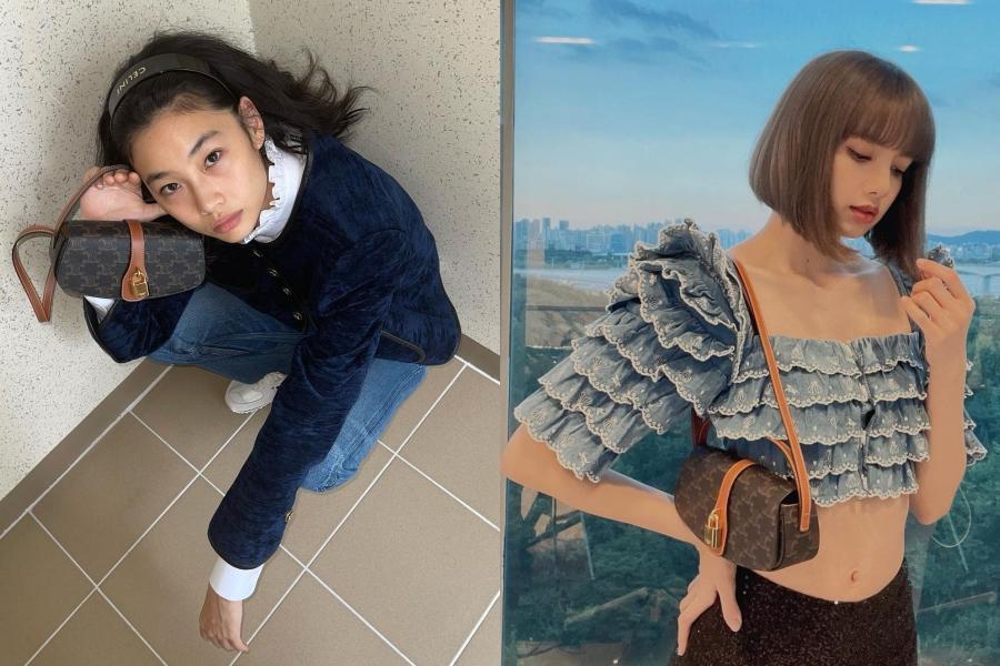 （左起）鄭浩妍、LISA身上的包款皆為CELINE經典老花帆布Tabou Clutch。