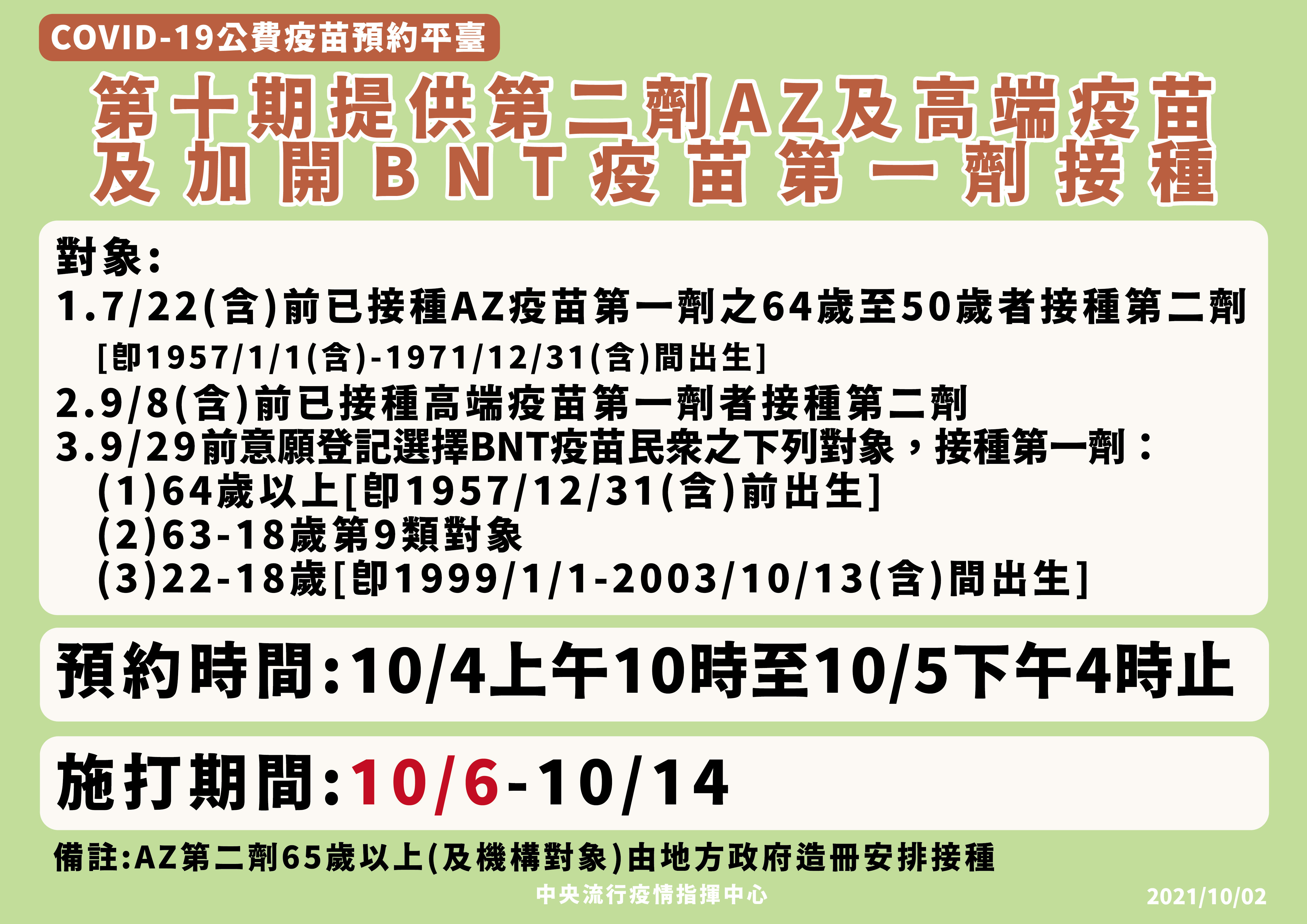 第十期疫苗施打時間。(指揮中心提供)