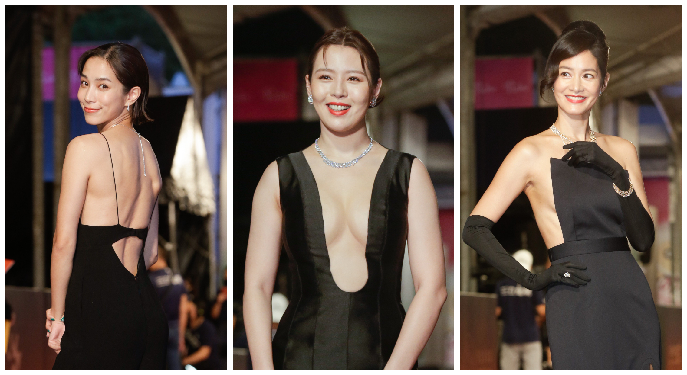 温貞菱、劉品言和Janet紅毯大比美胸美背，讓金鐘添了許多可看性。