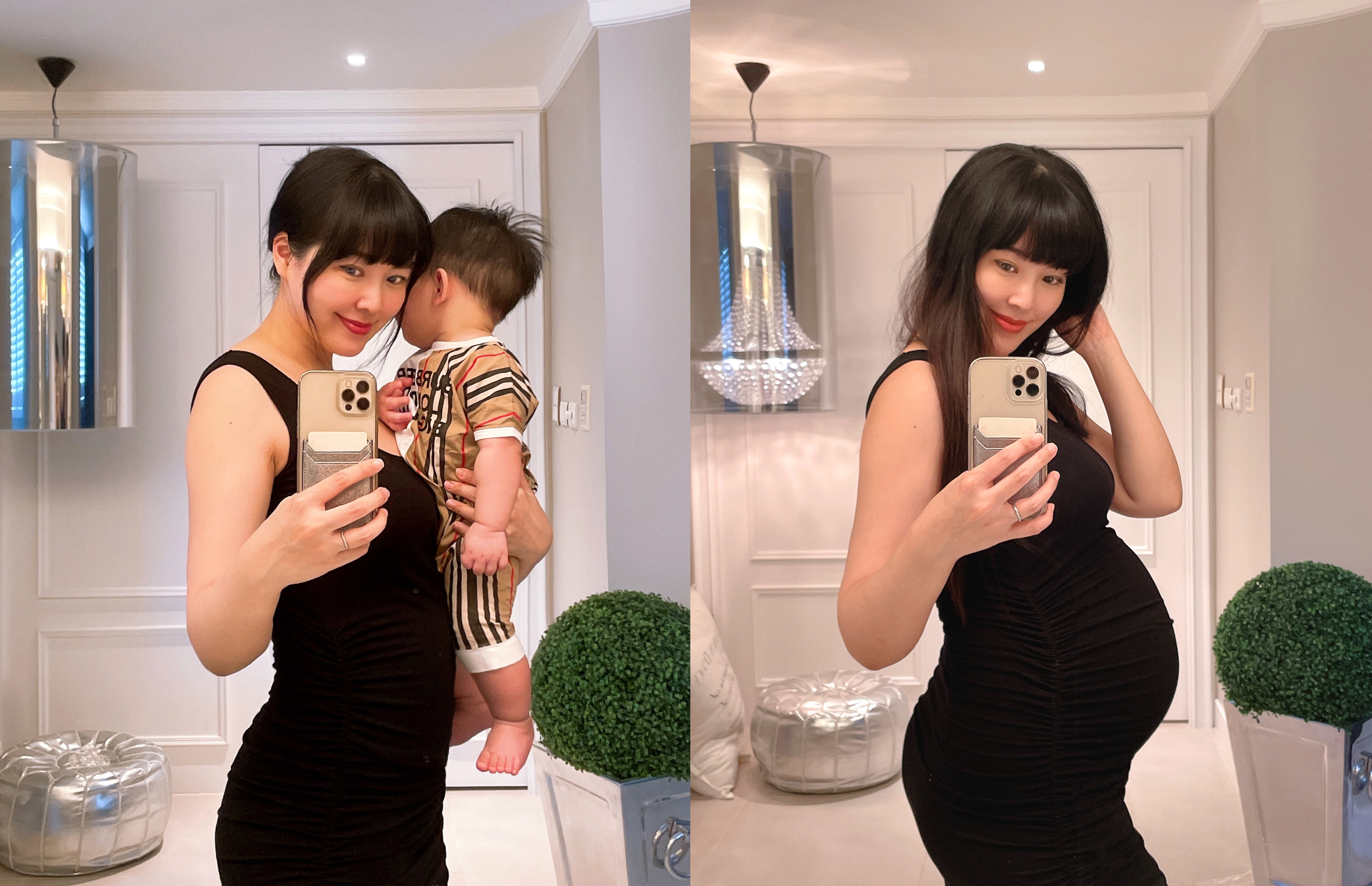 廖曉喬1月產下體重3,100公克的寶貝兒子Tristan，Tristan身著Burberry經典線條連身嬰兒服（NT$5,600）。（微風集團提供）