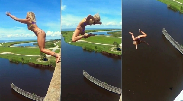 網紅薩拉跳水忘了「合腳」造成下體撕裂傷。(翻攝自薩拉IG)