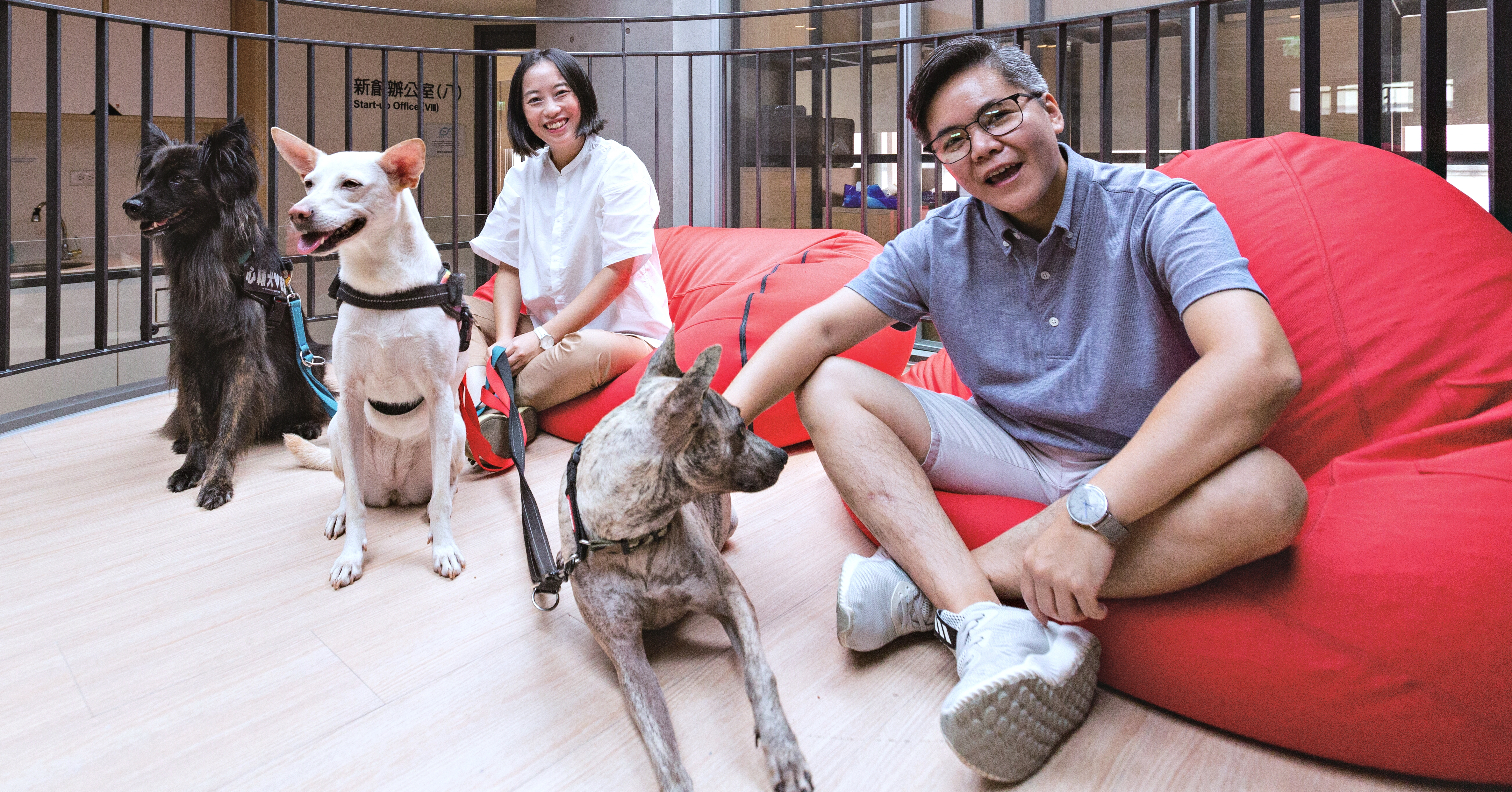 陳奕君（左）和鍾皓羽（右）攜手帶心輔犬進駐桃園安東青創基地。