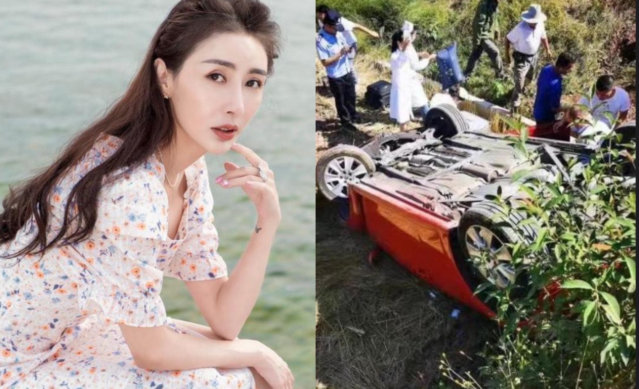 李羲兒與父親坐車發生意外翻車，掉落農田。（翻攝自新浪微博）