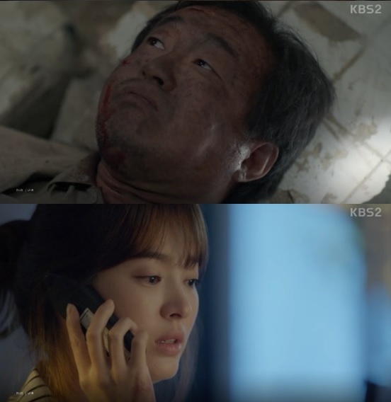 南文哲(上圖)在《太陽的後裔》中飾演工地領班,為救員工而犧牲自己的生命,惹哭宋慧喬。(翻攝自KBS)