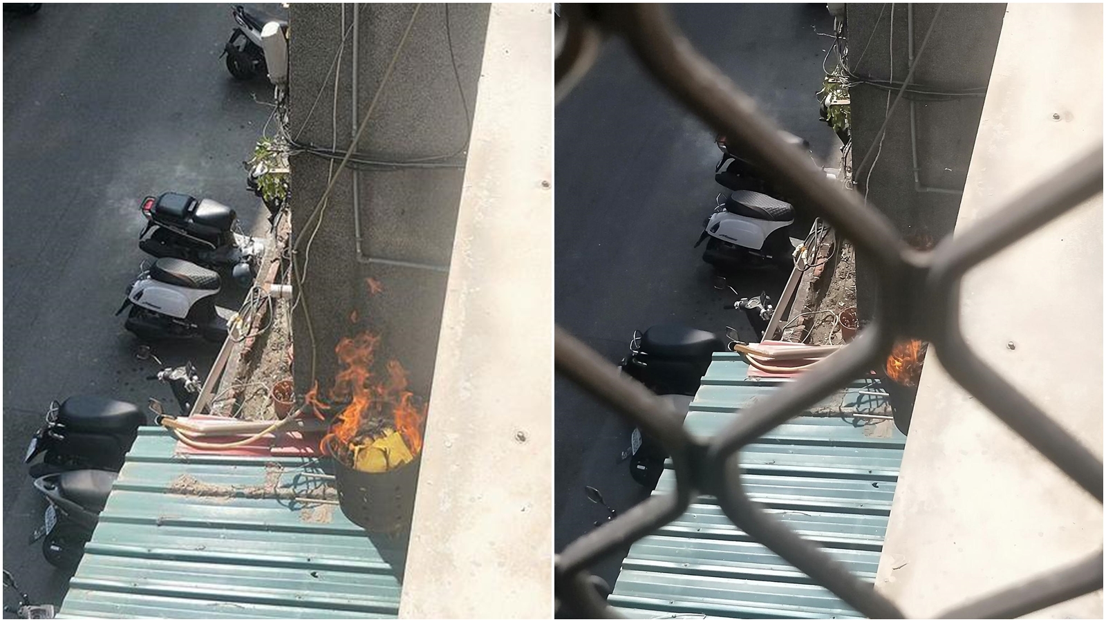 一名網友曝光鄰居竟把金爐懸空架在遮雨棚之上,且代代傳承45年,讓其他人紛紛驚呼「這是要火燒房子吧!」(翻攝自爆料公社)