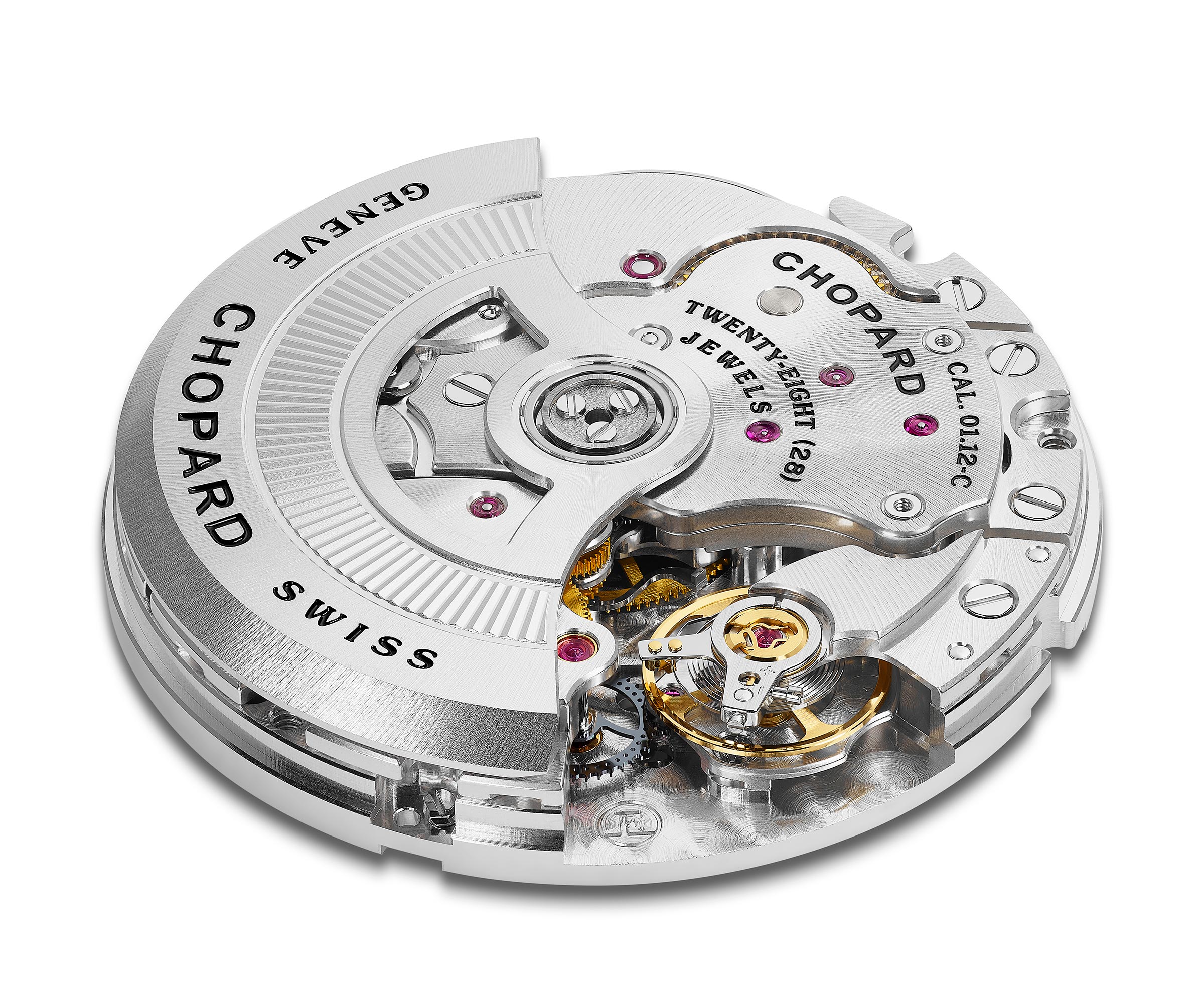 新一代的Chopard 01.12-C型自動上鏈機芯,使用矽質機板銷釘、擒縱叉和擒縱輪,8赫茲(57,600次/小時)高振頻,動力儲存60小時。