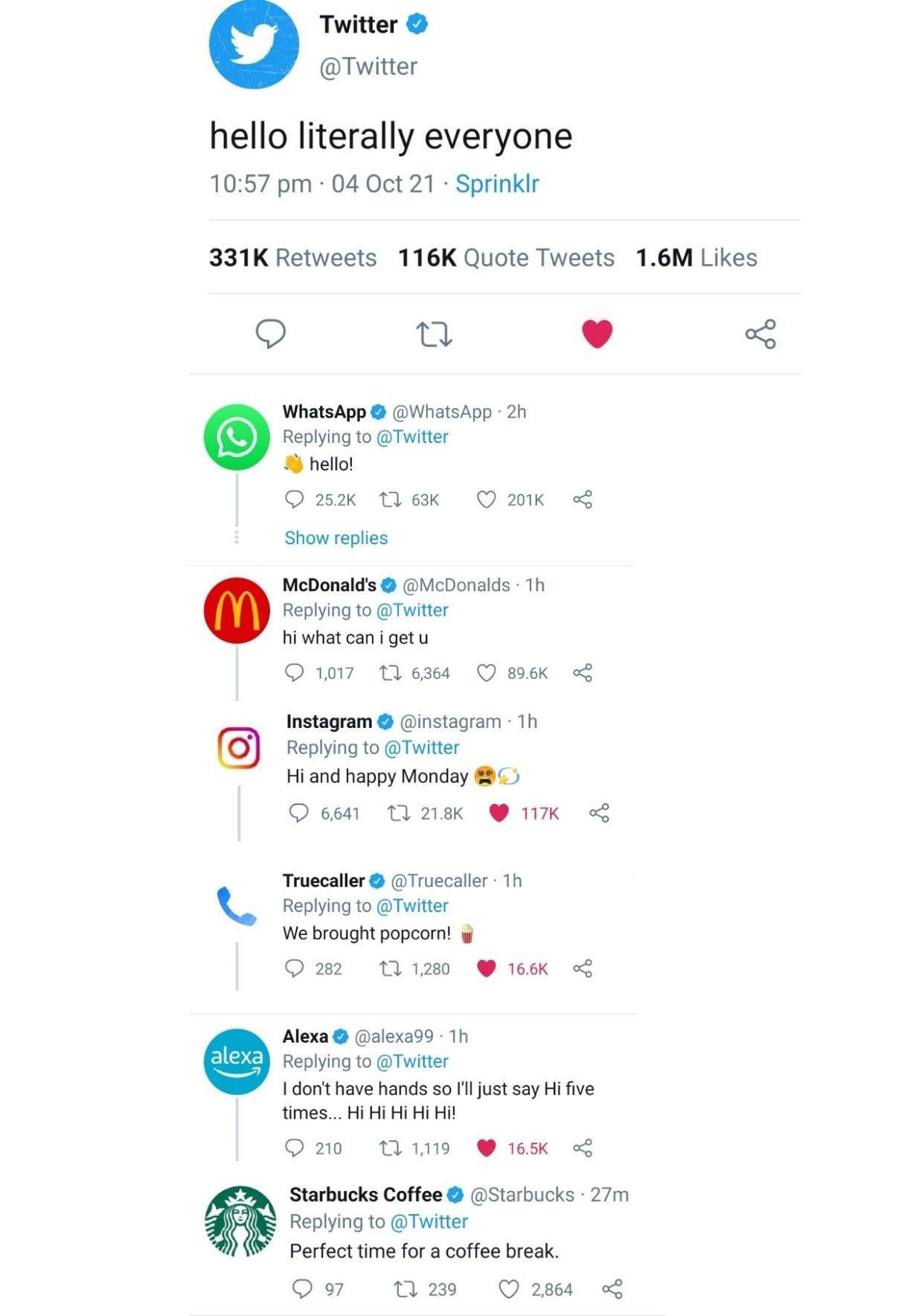 臉書當機後,推特官方小編和大家問好,WhatsApp、麥當勞、星巴克也留言說嗨。(翻攝推特)