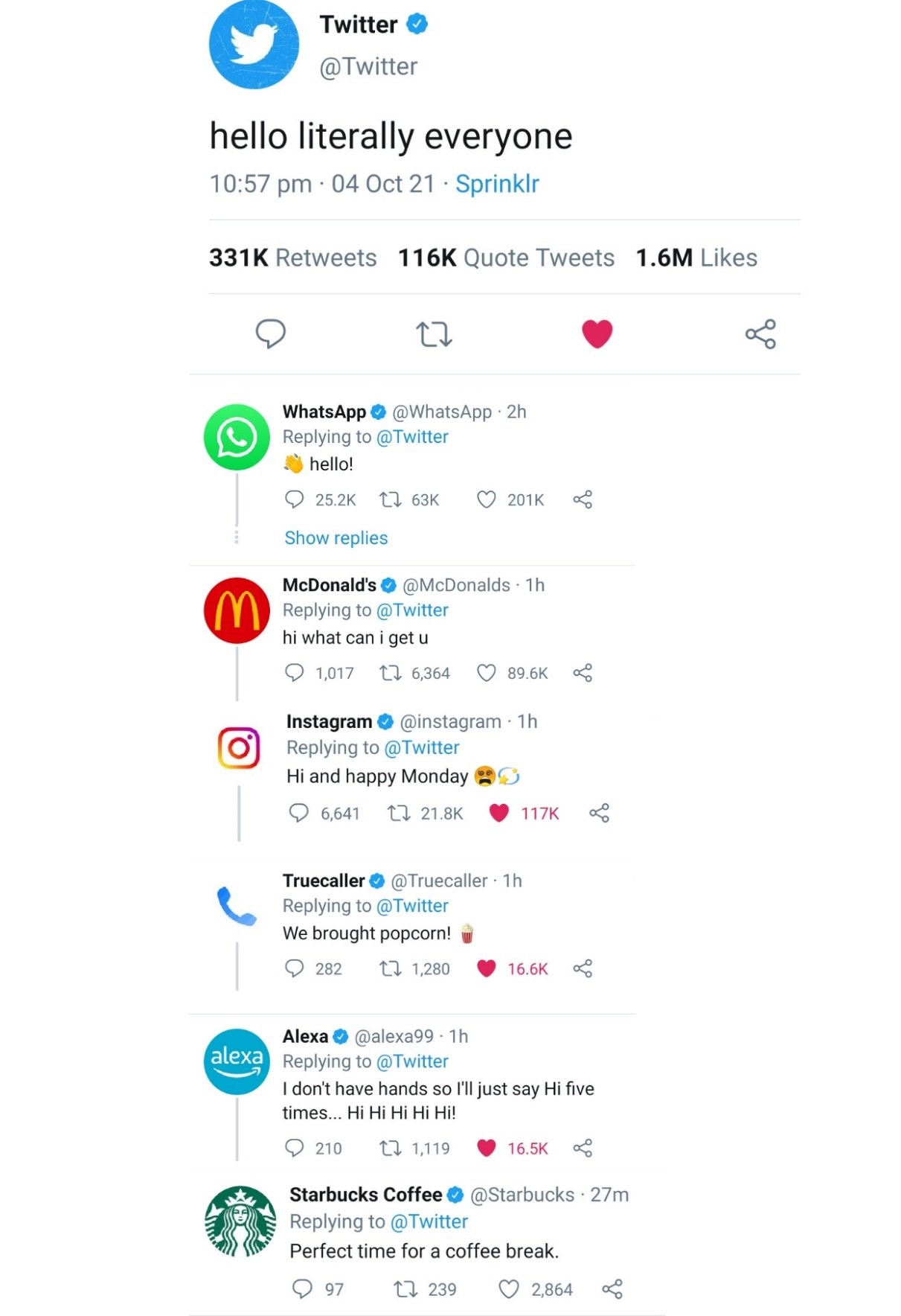 臉書當機後，推特官方小編和大家問好，WhatsApp、麥當勞、星巴克也留言說嗨。（翻攝推特）
